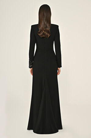 Degaje Yaka Krep Uzun Abiye Elbise Alfa Beta B7020