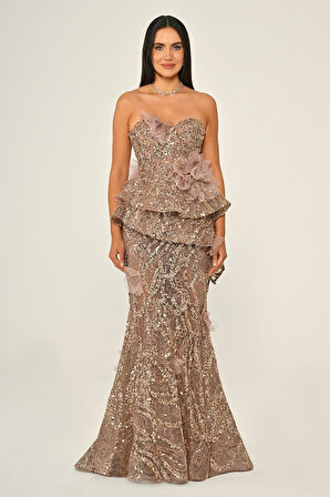 Straplez Volanlı Payet Uzun Abiye Elbise Alfa Beta