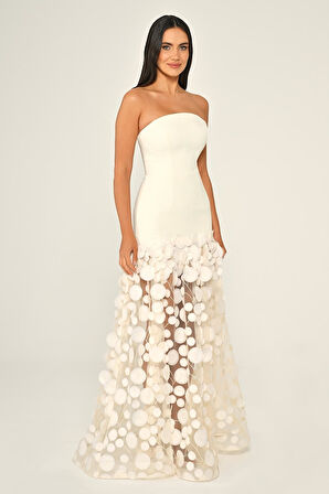 Krep Eteği 3 Boyutlu Tül Uzun Abiye Elbise Alfa Beta B7067