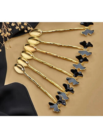 Siyah  Gold Kelebekli Metal Çay Kaşığı 6 Lı