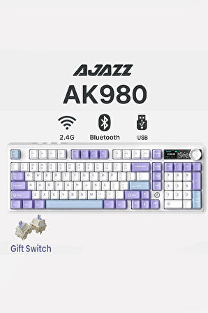 AK980 3 Modlu Hot-Swap TFT Ekranlı Mekanik Oyun Klavyesi-800 Mah Batarya Dinamik RGB