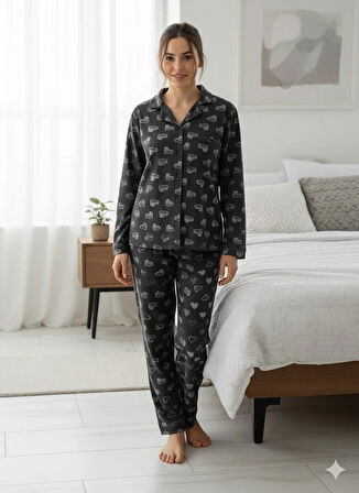 KADIN KALP DETAYLI DÜĞMELİ PİJAMA TAKIM