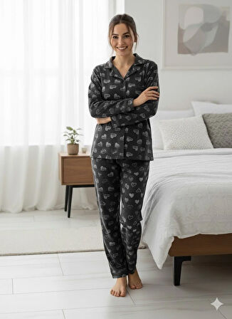 KADIN KALP DETAYLI DÜĞMELİ PİJAMA TAKIM