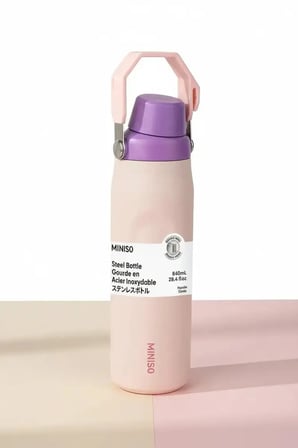 Miniso Lisanslı Saplı Paslanmaz Çelik Şişe 840 mL – Çift Katmanlı Pembe