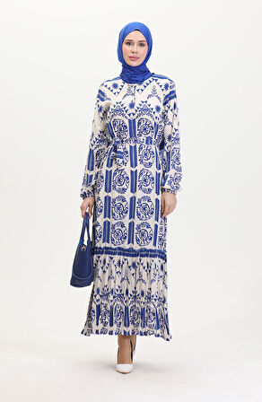 Amelya Farbalı Kuşaklı Viskon Elbise S-M-L-XL Beden