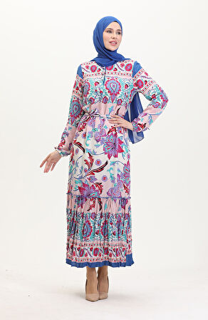 Amelya Farbalı Kuşaklı Viskon Elbise S-M-L-XL Beden