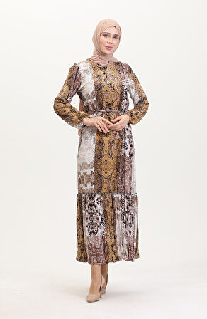 Amelya Farbalı Kuşaklı Viskon Elbise S-M-L-XL Beden