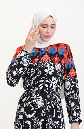 Amelya Farbalı Kuşaklı Viskon Elbise S-M-L-XL Beden