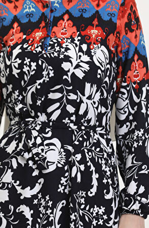 Amelya Farbalı Kuşaklı Viskon Elbise S-M-L-XL Beden