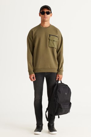 Erkek Haki Oversize Bol Kesim Içi Polarlı Iplik Bisiklet Yaka %100 Pamuk Sweatshirt