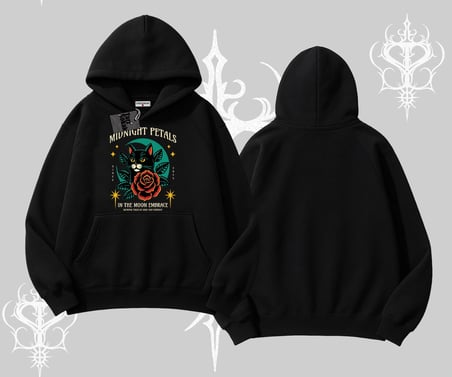 Midnight Petals Kedi Baskılı Kapşonlu Sweatshirt
