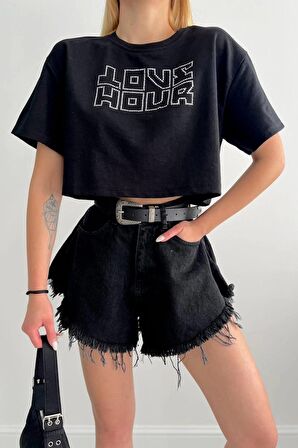 Love Hour Yazılı Taşlı Siyah Crop Tshirt