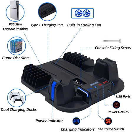 Ozmik PS5 Slim Konsolu  Soğutma Standı ve Kontrol Cihazı Şarj İstasyonu Sadece  3 Kademeli Soğutma 