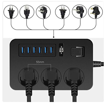 QASUL Akım Korumalı 6 Usb'li 3'lü Grup Priz Uzatma Kablosu T09 Akım Priz