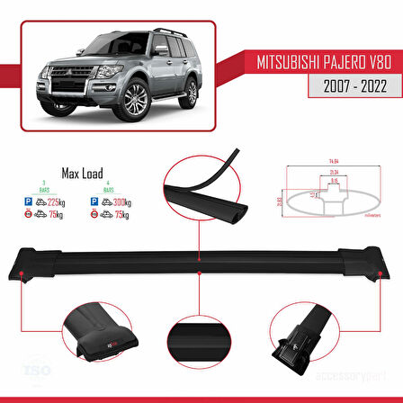 Mitsubishi Pajero (V80) 2007-2022 Arası ile Uyumlu FLY Model Ara Atkı Tavan Barı Siyah 3 Adet
