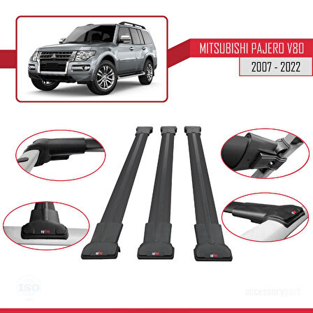 Mitsubishi Pajero (V80) 2007-2022 Arası ile Uyumlu FLY Model Ara Atkı Tavan Barı Siyah 3 Adet