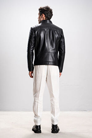 DERİCLUB Monza Erkek Hakim Yaka Omuz Dikişli  Hakiki Deri Spor Mont SİYAH