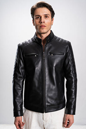 DERİCLUB Monza Erkek Hakim Yaka Omuz Dikişli  Hakiki Deri Spor Mont SİYAH