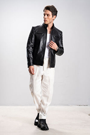 DERİCLUB Monza Erkek Hakim Yaka Omuz Dikişli  Hakiki Deri Spor Mont SİYAH