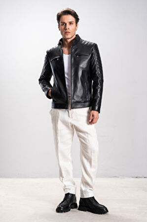 DERİCLUB Monza Erkek Hakim Yaka Omuz Dikişli  Hakiki Deri Spor Mont SİYAH