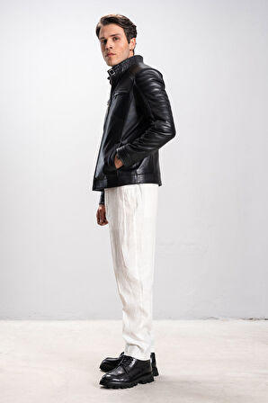 DERİCLUB Monza Erkek Hakim Yaka Omuz Dikişli  Hakiki Deri Spor Mont SİYAH