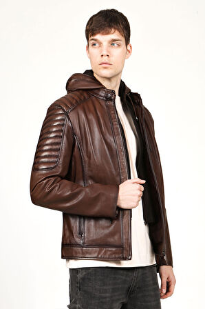 DERİCLUB Livorno Erkek Kapüşonlu Hakiki Deri Mont CAMEL ANTİK