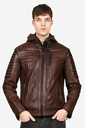 DERİCLUB Livorno Erkek Kapüşonlu Hakiki Deri Mont CAMEL ANTİK