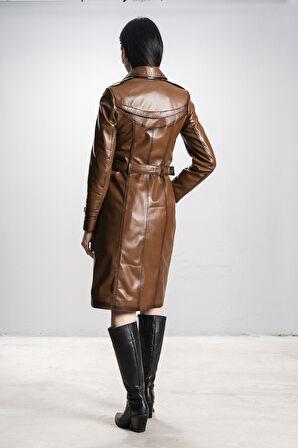 DERİCLUB Angela Kadın Dikiş Detaylı Kemerli Gerçek Deri Trençkot VİSKİ