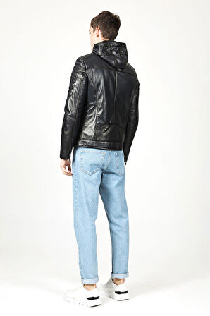 DERİCLUB E1055 Kapüşonlu Gerçek Deri Erkek Mont