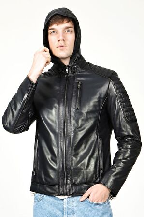 DERİCLUB E1055/K Kapüşonlu Gerçek Deri Erkek Mont