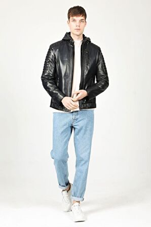 DERİCLUB E1055/K Kapüşonlu Gerçek Deri Erkek Mont