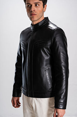 Albert Erkek Hakim Yaka Slim Fit Gerçek Deri Mont SİYAH