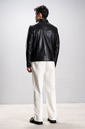 Albert Erkek Hakim Yaka Slim Fit Gerçek Deri Mont SİYAH