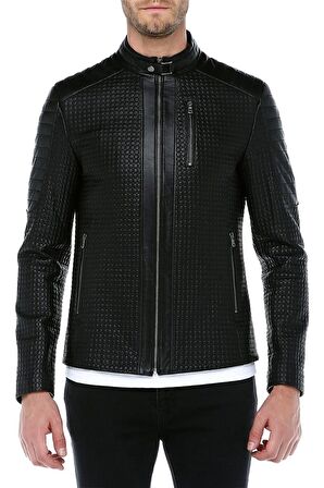 DERİCLUB E1055 Petek Desen Gerçek Deri Erkek Mont