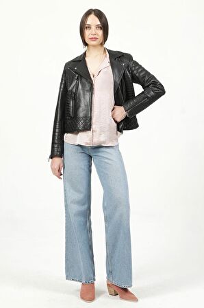 DERİCLUB YB2141 Hakiki Deri Motorcu Kadın  Mont