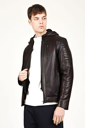 DERİCLUB E1055 Kapüşonlu Gerçek Deri Erkek Mont