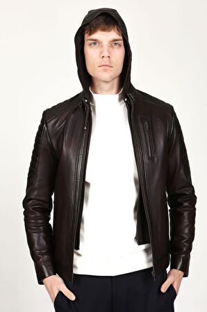 DERİCLUB E1055 Kapüşonlu Gerçek Deri Erkek Mont