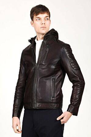 DERİCLUB E1055 Kapüşonlu Gerçek Deri Erkek Mont