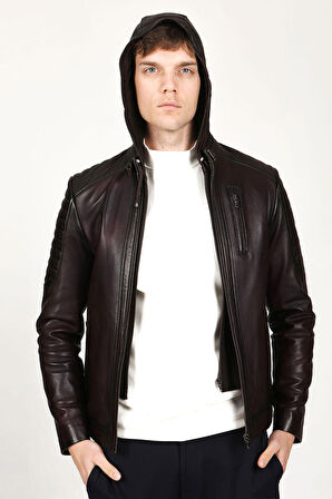 DERİCLUB E1055 Kapüşonlu Gerçek Deri Erkek Mont