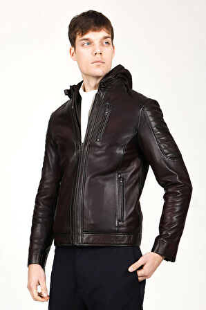 DERİCLUB E1055 Kapüşonlu Gerçek Deri Erkek Mont