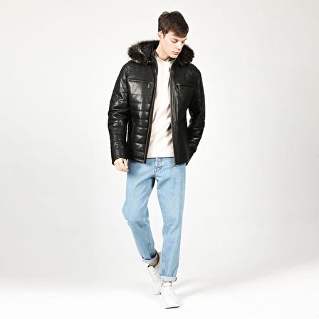 DERİCLUB E1039 Kapüşonlu Gerçek Deri Erkek Kaban