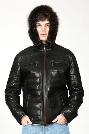 DERİCLUB E1039 Kapüşonlu VEJETAL Gerçek Deri Erkek Mont