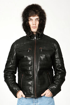 DERİCLUB E1039 Kapüşonlu VEJETAL Gerçek Deri Erkek Mont