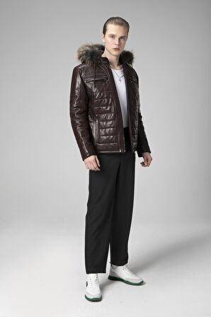 DERİCLUB E1039 Kapüşonlu VEJETAL Gerçek Deri Erkek Mont