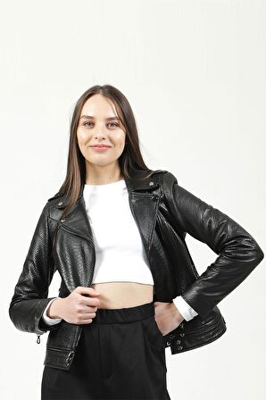 DERİCLUB RM416 CROKO BASKILI Gerçek Deri Kadın Mont