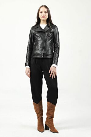 DERİCLUB RM416 CROKO BASKILI Gerçek Deri Kadın Mont