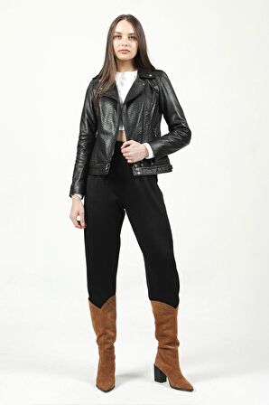 DERİCLUB RM416 CROKO BASKILI Gerçek Deri Kadın Mont