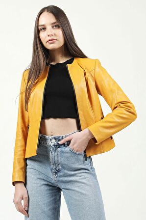 DERİCLUB RM384 Baskılı Crop Fit Gerçek Deri Kadın Mont