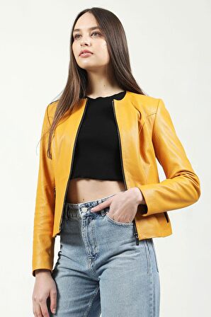 DERİCLUB RM384 Baskılı Crop Fit Gerçek Deri Kadın Mont