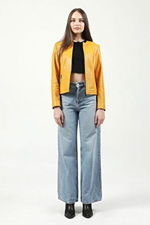 DERİCLUB RM384 Baskılı Crop Fit Gerçek Deri Kadın Mont